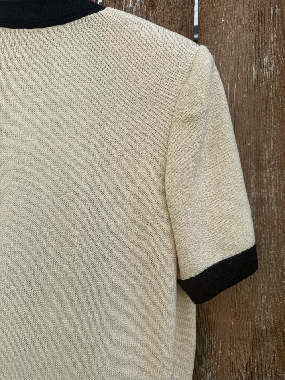 St. John Cream Beige Black Trim Open Front Short Sleeve Cardigan Jacket Medium - Picture 13 of 15